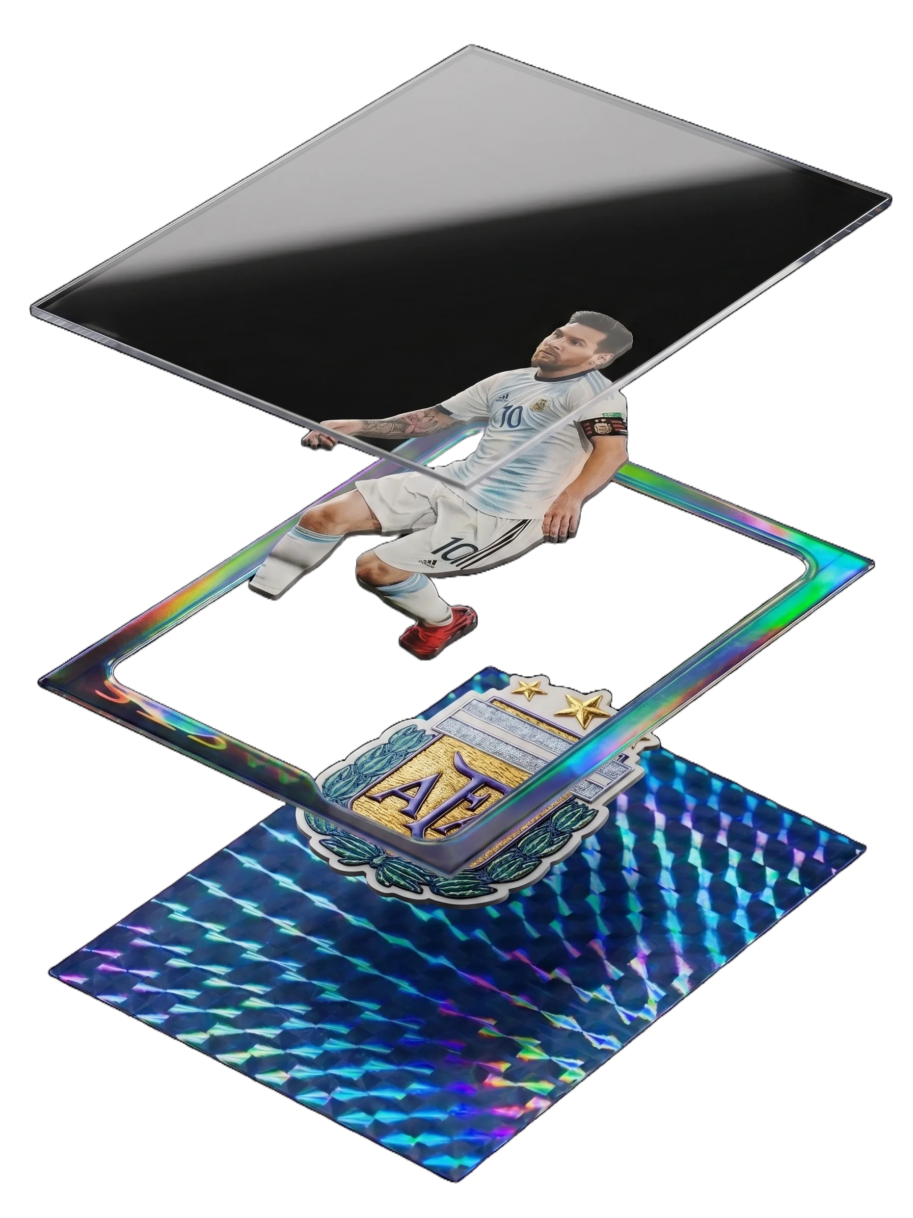 Vista explosionada de una pieza GLORIAS: capa de acrílico, marco holográfico, recorte de Messi y parche de la AFA